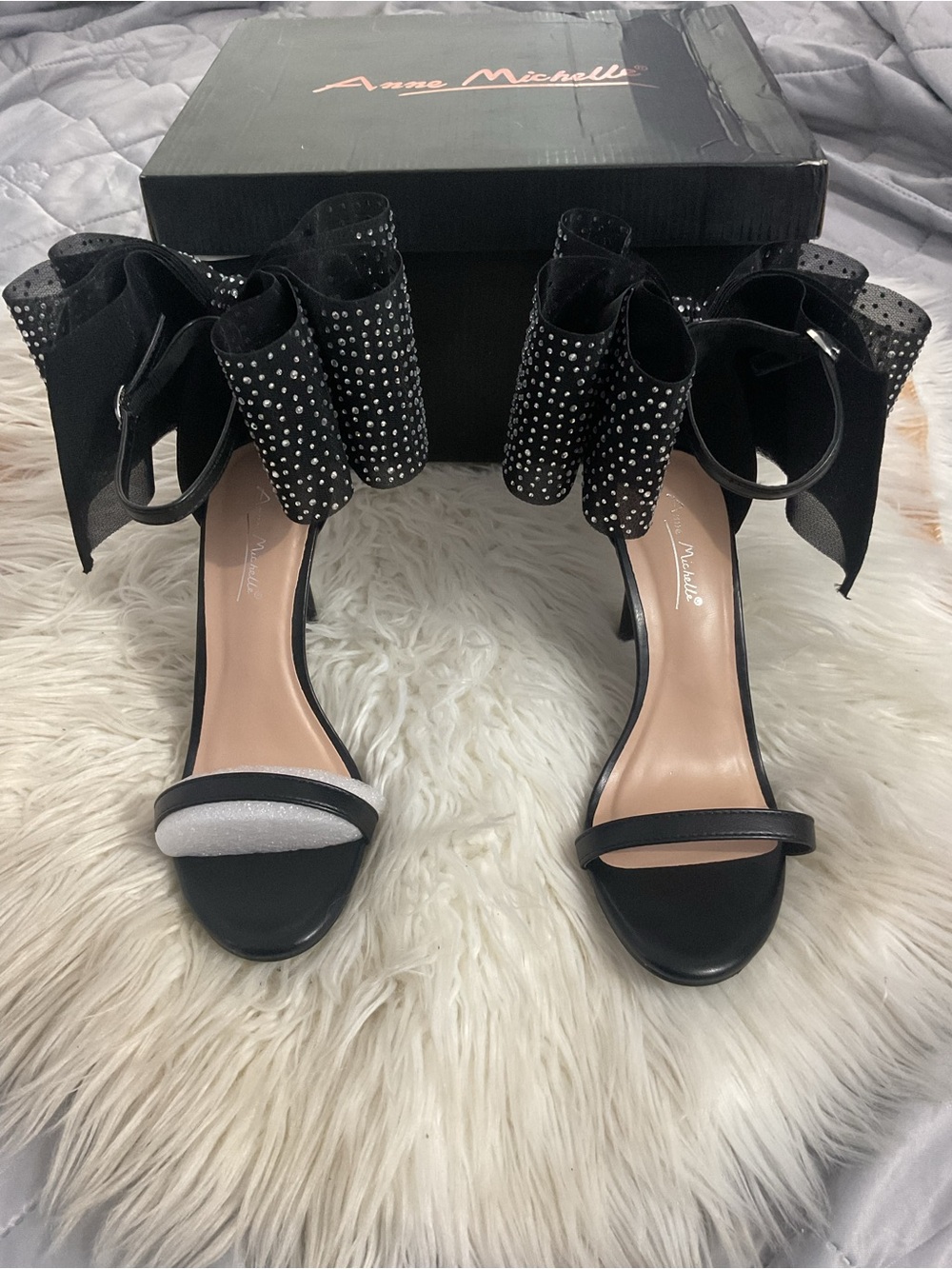 Anne Michelle Black Bow Ankle-Strap Heels with Studded Detail